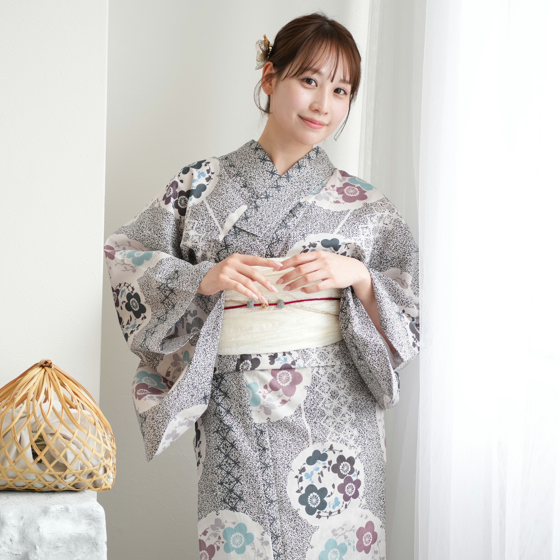 美品！utatane浴衣 高級変わり織り5点セット 先染め風ベージュ 涼しげ糸菊 utatane｜utatane/(W)高級変わり織り浴衣3点セット 先染め風