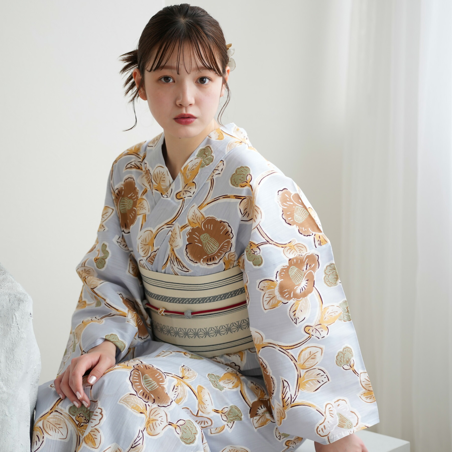 美品！utatane浴衣 高級変わり織り5点セット 先染め風ベージュ 涼しげ糸菊 utatane｜utatane Fサイズ 浴衣3点セット 先染めベージュ風