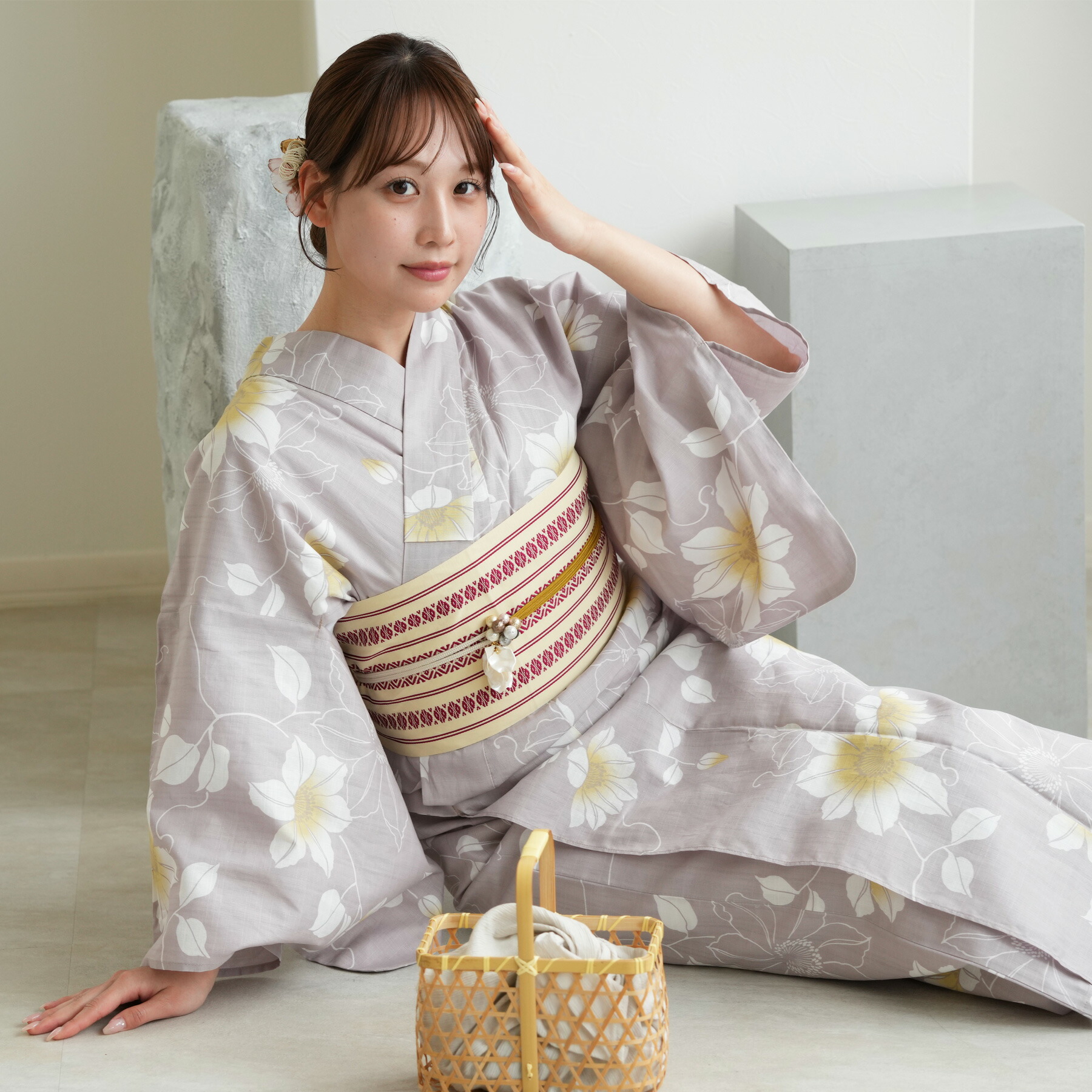 2026再入荷【浴衣 3点セット レディース 高級変わり織｜グレーに鉄線の花（フリーサイズ）】綿100％｜古典レトロ｜浴衣・帯・下駄付き