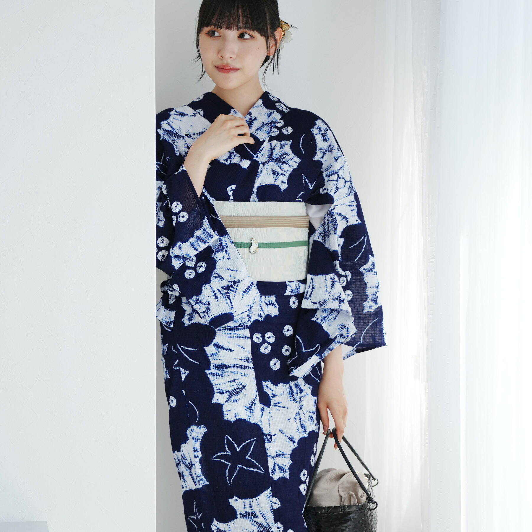 【utatane 京鹿の子絞り/有松染め 浴衣3点セット 伝統工芸士・清江和雄 　あじさい・朝顔】極み 伝統工芸 日本製 国産 国内縫製 手縫い併用 希少 フリーサイズ 浴衣セット（ゆかた・帯・下駄） 一度袖を通すと忘れらないガーゼのような至極の肌当たり