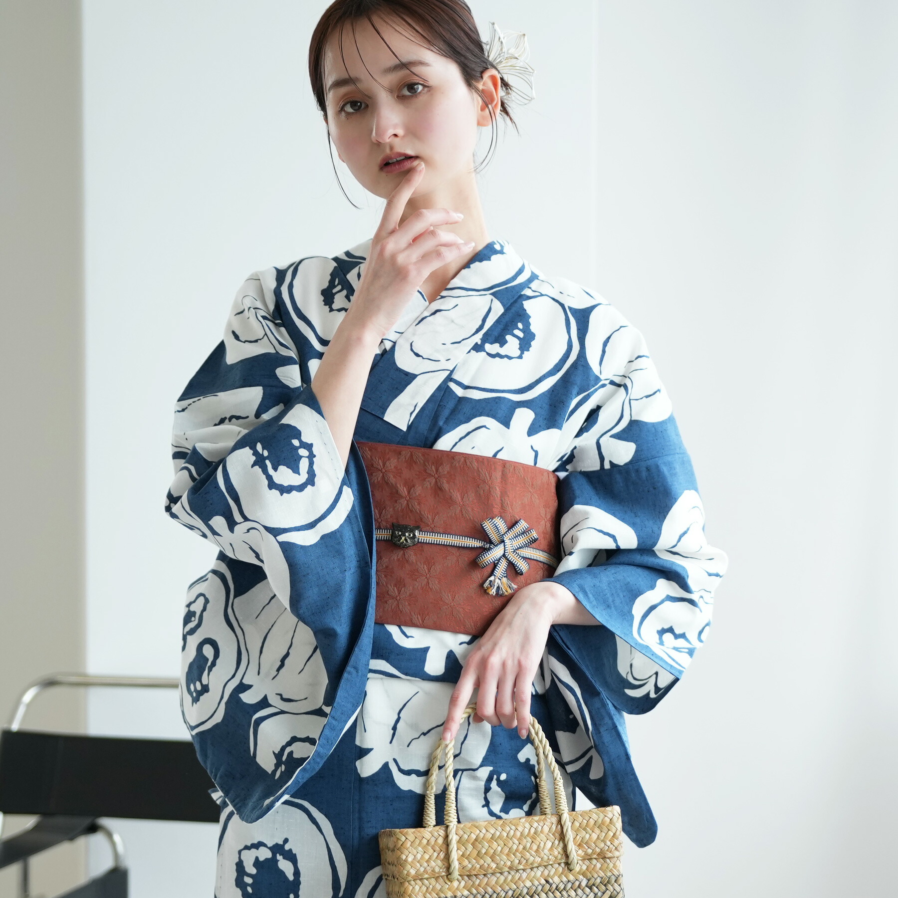 2026新作【utatane × 注染工房 浴衣 3点セット レディース 特選 注染｜赤坂紬 青藍に南瓜 （フリーサイズ）】日本製小幅生地使用｜綿100％｜浴衣・帯・下駄付き
