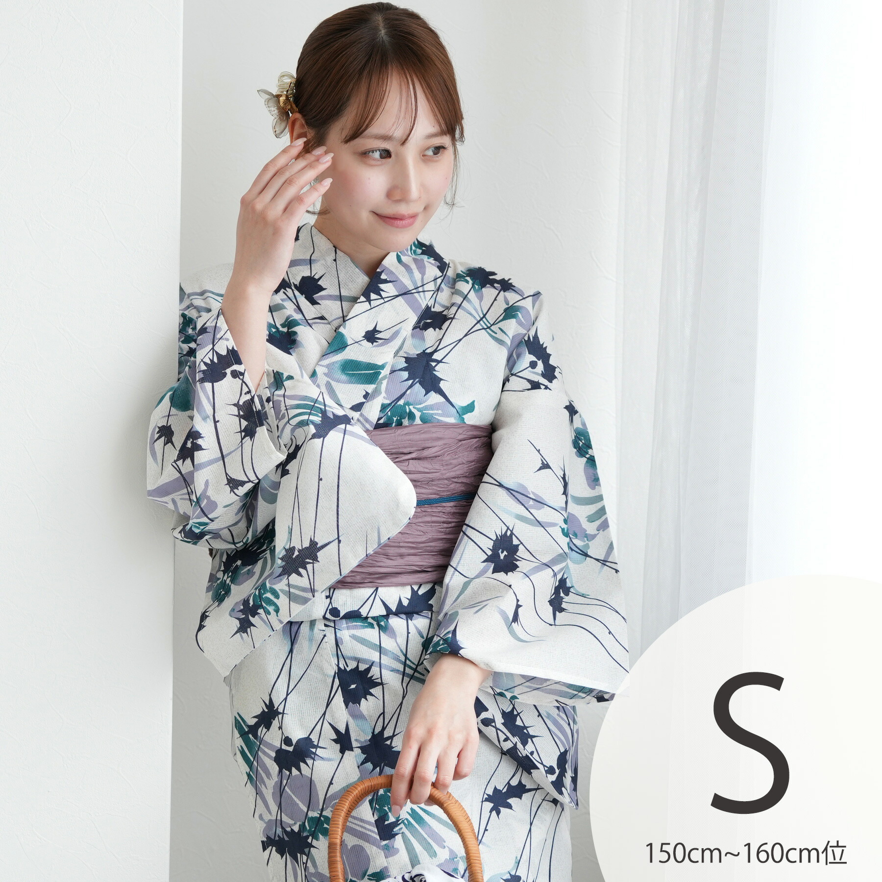 【utatane 高級変わり織 浴衣3点セット　杢ベージュに涼しげ菖蒲とアザミ】ここでしか買えない昭和初期アンティーク復刻版 プチサイズ（150-160cm）Sサイズ 浴衣セット（ゆかた・帯・下駄）うたたね 上質 国産生地 国内染色 低身長コーデ 10,079円