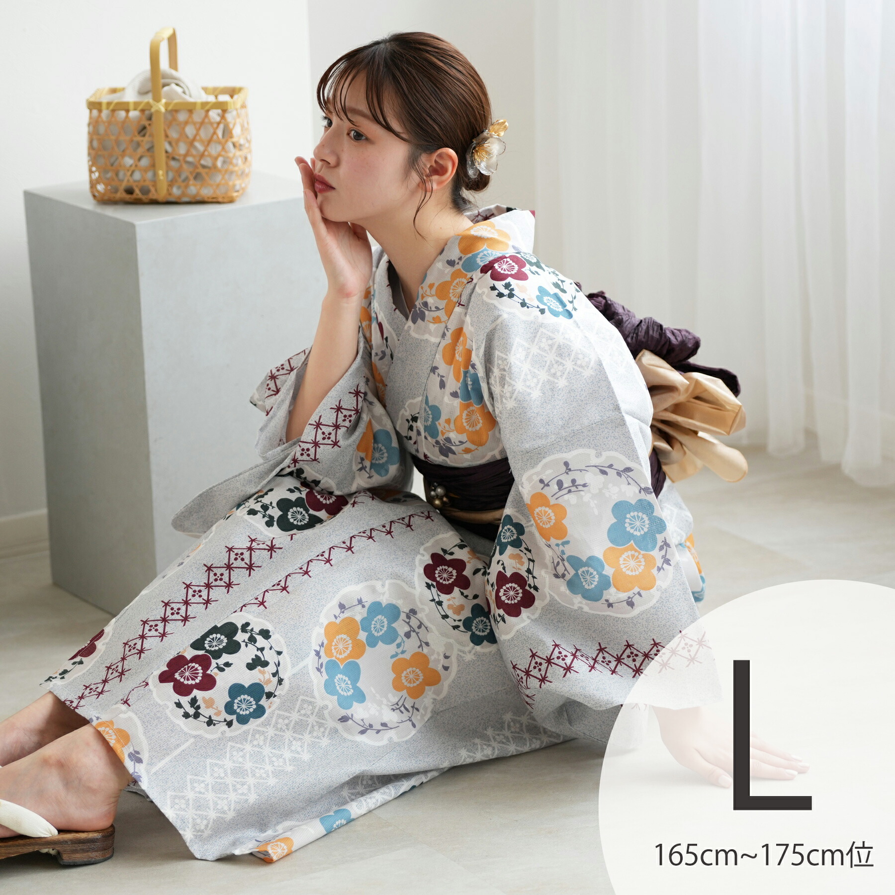 【utatane 高級変わり織 浴衣3点セット 灰青の霧と梅雪輪】ここでしか買えない昭和初期アンティーク復刻版 トールサイズ（165-175cm）Lサイズ 浴衣セット（ゆかた・帯・下駄）ですぐお出かけ うたたね 上質 国産生地 国内染色