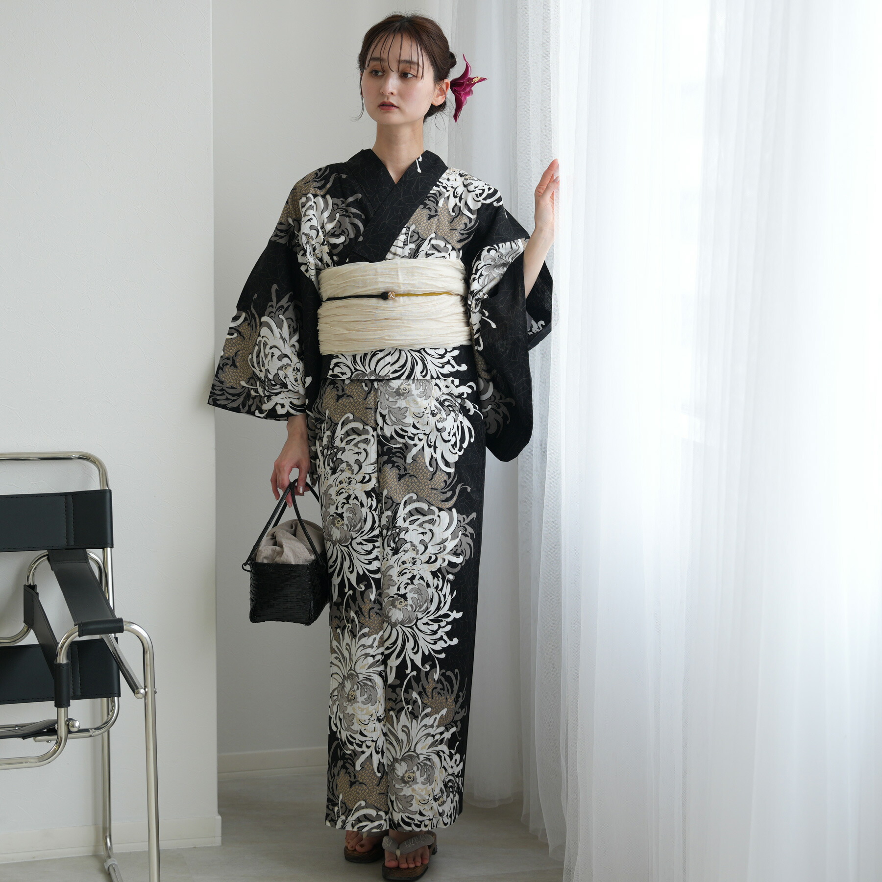 2026再入荷【utatane セパレート 浴衣 3点セット レディース 高級変わり織｜ブラックに乱菊重ね（フリーサイズ）】二部式｜簡単着付け｜国産生地・国内染色｜希少図案を現代に復刻｜浴衣（ゆかた上下）・帯・下駄付き