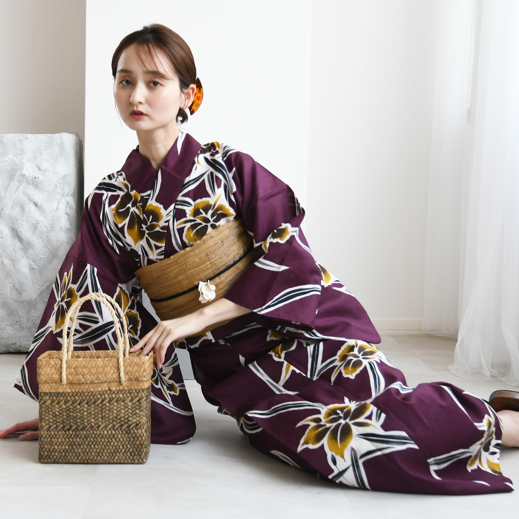 2026新作【utatane セパレート 浴衣 3点セット レディース 高級変わり織｜紫に伸びやかな蘭の花（フリーサイズ）】二部式｜簡単着付け｜国産生地・国内染色｜希少図案を現代に復刻｜浴衣（ゆかた上下）・帯・下駄付き｜utatane
