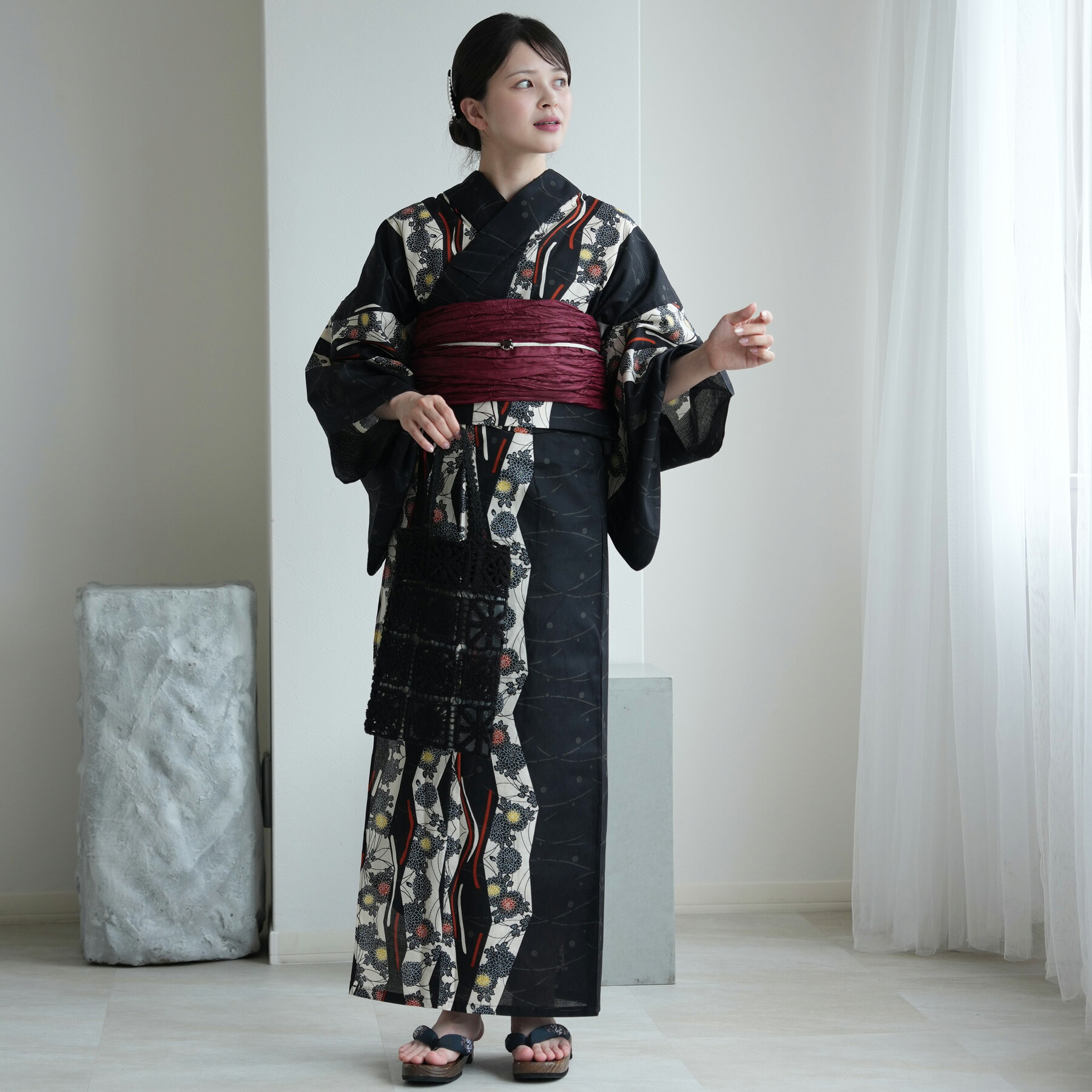 2026新作【utatane セパレート 浴衣 3点セット レディース 高級変わり織｜ブラックに菊よろけ縞（フリーサイズ）】二部式｜簡単着付け｜国産生地・国内染色｜希少図案を現代に復刻｜浴衣（ゆかた上下）・帯・下駄付き｜utatane