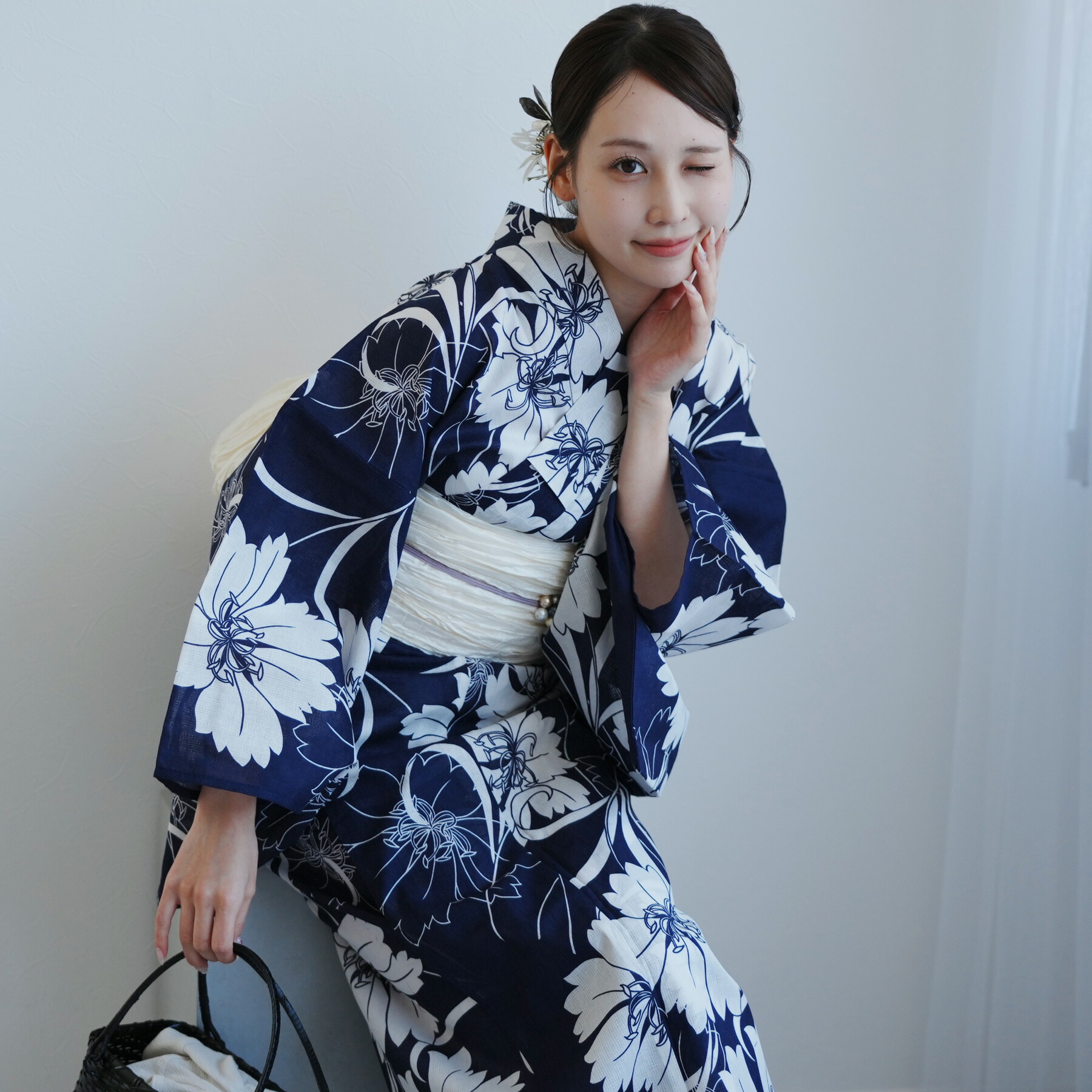 未使用保管品　浴衣　小夜子　綿100% 着付けセット　紺　ネイビー 未使用保管品 浴衣 小夜子 綿100% 着付けセット 紺 ネイビー