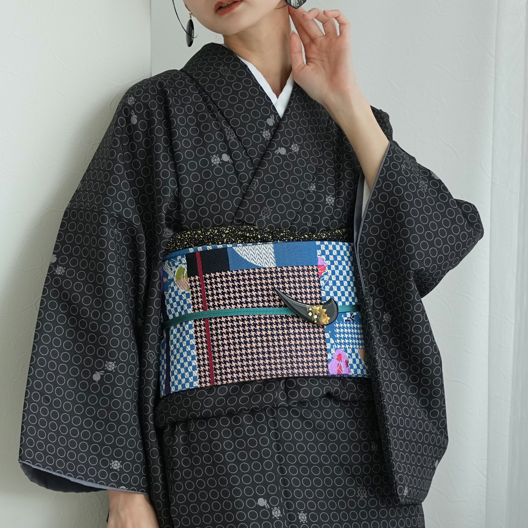【ニコアンティーク 細帯 蒼幾何ノ華】 半幅帯 単品 数量限定 浴衣 着物 小紋 市松 千鳥 幾何学 花 青 黒 赤 ピンク 金襴 日本製 女性 レディース 個性的 お洒落 カジュアル カッコいい 大人 レトロ モダン