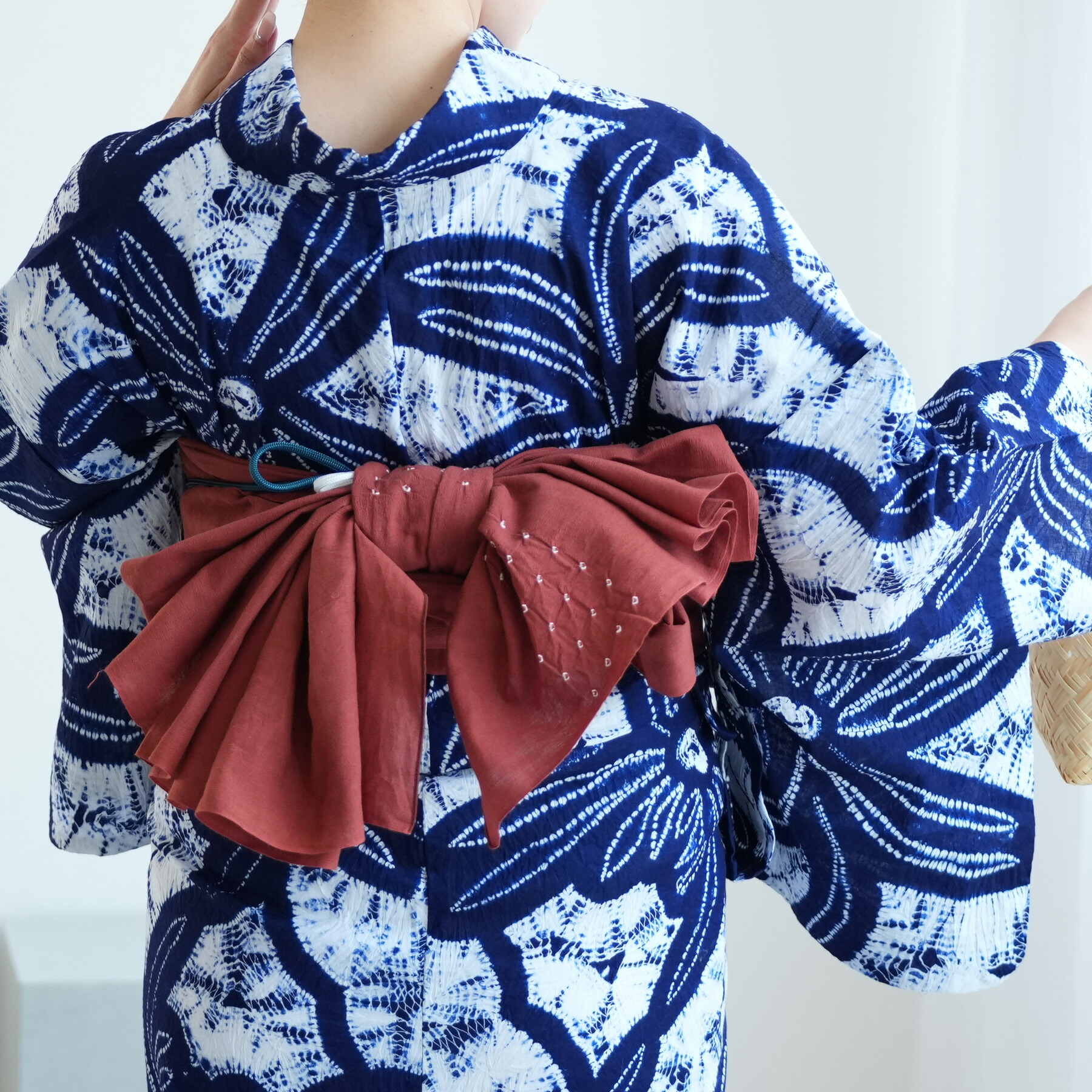 【utatane　綿麻　清江絞り　有松染め　兵児帯　バラ疋田　薄レンガ】レディース　女性 日本製 国産 夏用 浴衣 夏着物 天然素材 麻混　天然素材 単品　綿着物 普段着 レディース帯 アレンジ簡単