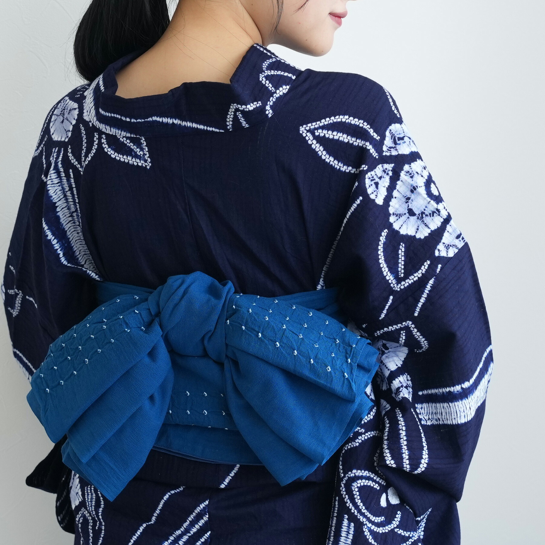 【utatane　綿麻　清江絞り　有松染め　兵児帯　バラ疋田　インクブルー】レディース　女性 日本製 国産 夏用 浴衣 夏着物 天然素材 麻混　天然素材 単品　綿着物 普段着 レディース帯 アレンジ簡単 14,999円