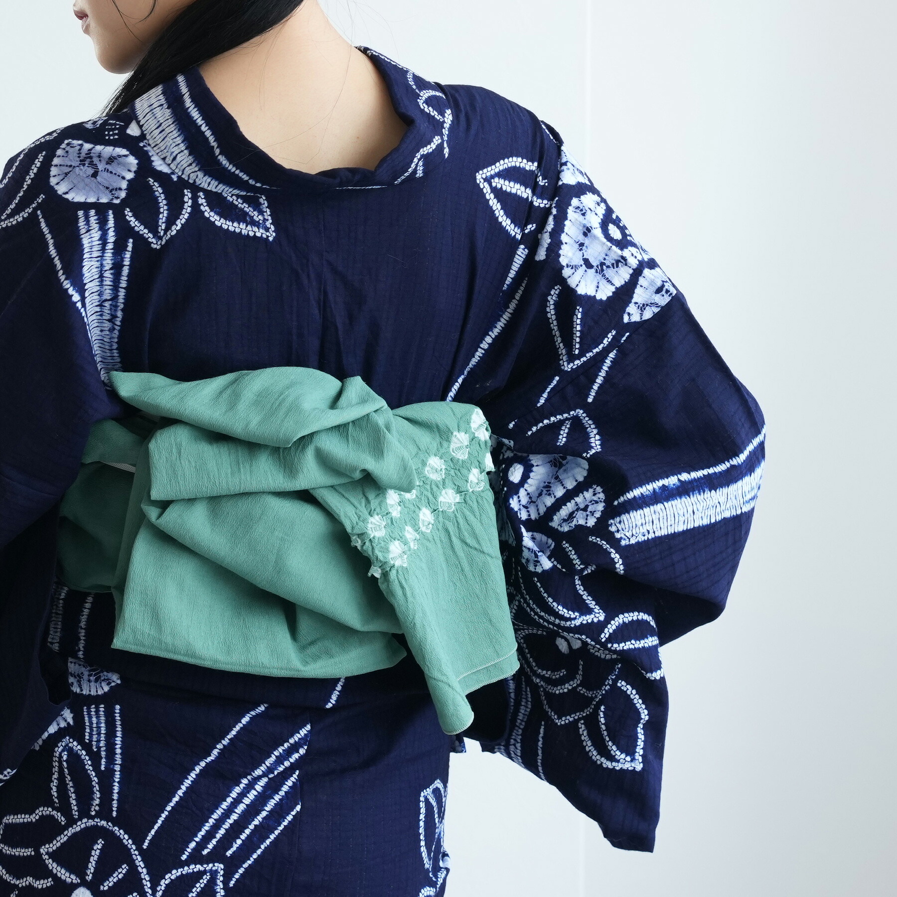 【utatane　綿麻　清江絞り　有松染め　兵児帯　菱　グリーン】レディース　女性 日本製 国産 夏用 浴衣 夏着物 天然素材 麻混　天然素材 単品　綿着物 普段着 レディース帯 アレンジ簡単 14,999円