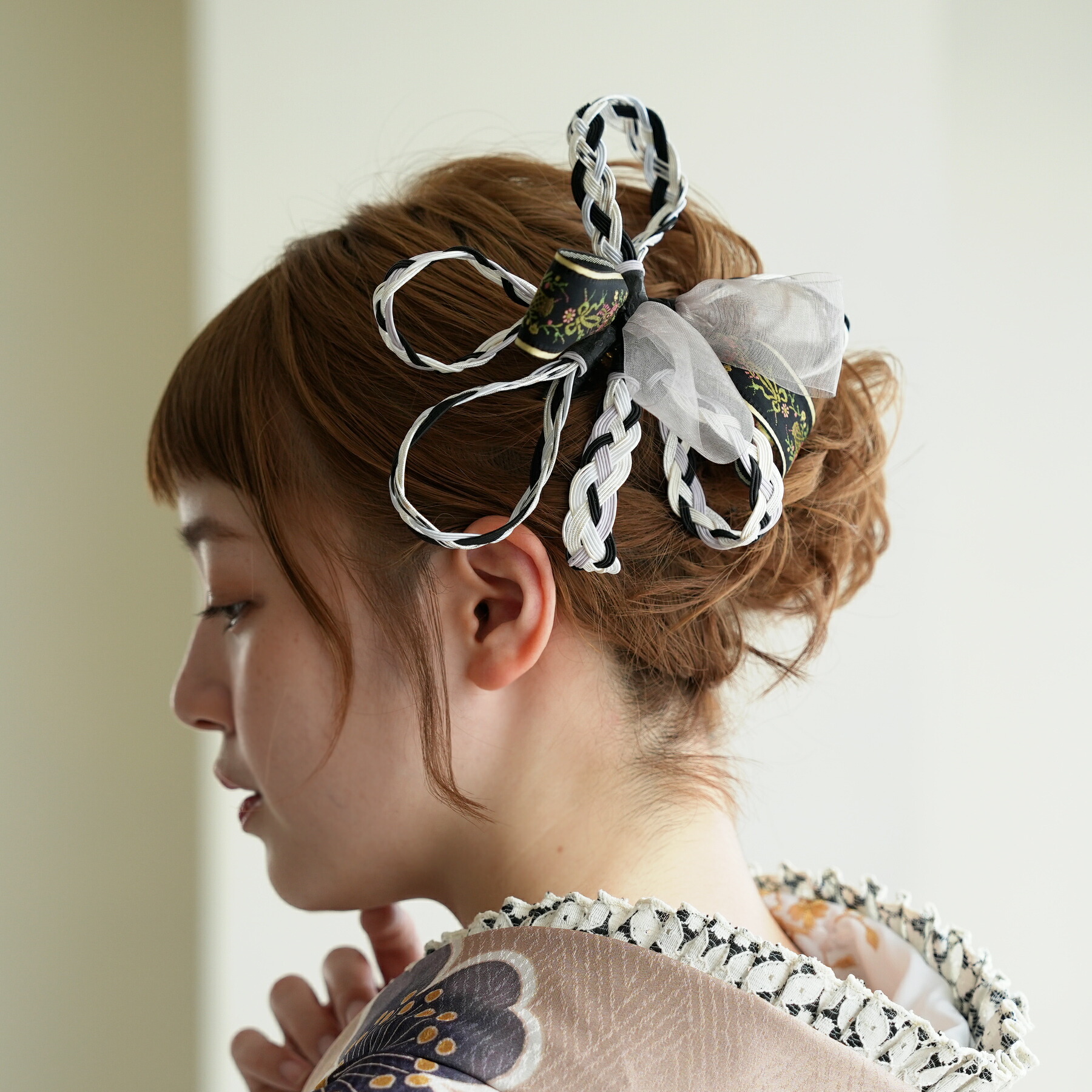 【髪飾り コーム単品 編み込み水引×レトロリボン】 ヘアアクセ シルバー ゴールド チュール 大正ロマン レトロ くすみカラー ニュアンスカラー 浴衣 ゆかた 浴衣ヘア 振袖 袴 成人式 卒業式 記念撮影 写真 ヘアアレンジ