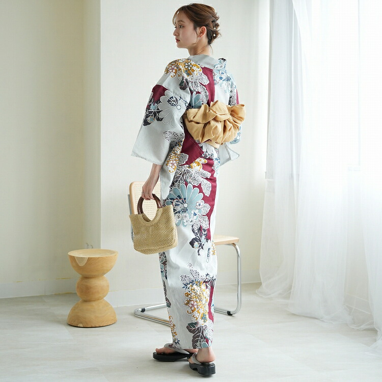 utatane 高級変わり織 浴衣3点セット えんじとグレーの染め分け菊