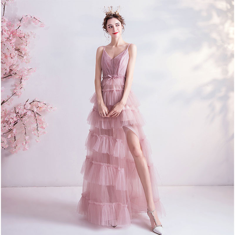 パーティードレス カラードレス ピンク 吊りスカート プリーツ 花嫁 結婚式 Bridesmaid dress ウエディング ワンピース ロングドレス サイドスリット 大きいサイズ 大人 上品 お嬢様 優雅 淑女 海外撮影 お呼ばれ 食事会 二次会 披露宴 卒業式 成人式 セミオーダー/編み上げ｜UTshoppingstore店