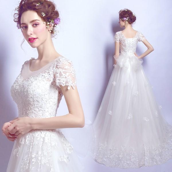 ウエディングドレス Aラインドレス 結婚式 花嫁ドレス 半袖 ウェディングドレス 二次会 エンパイア ロングドレス ブライダル 大きいサイズ 披露宴 海外 ブライダルドレス 前撮り