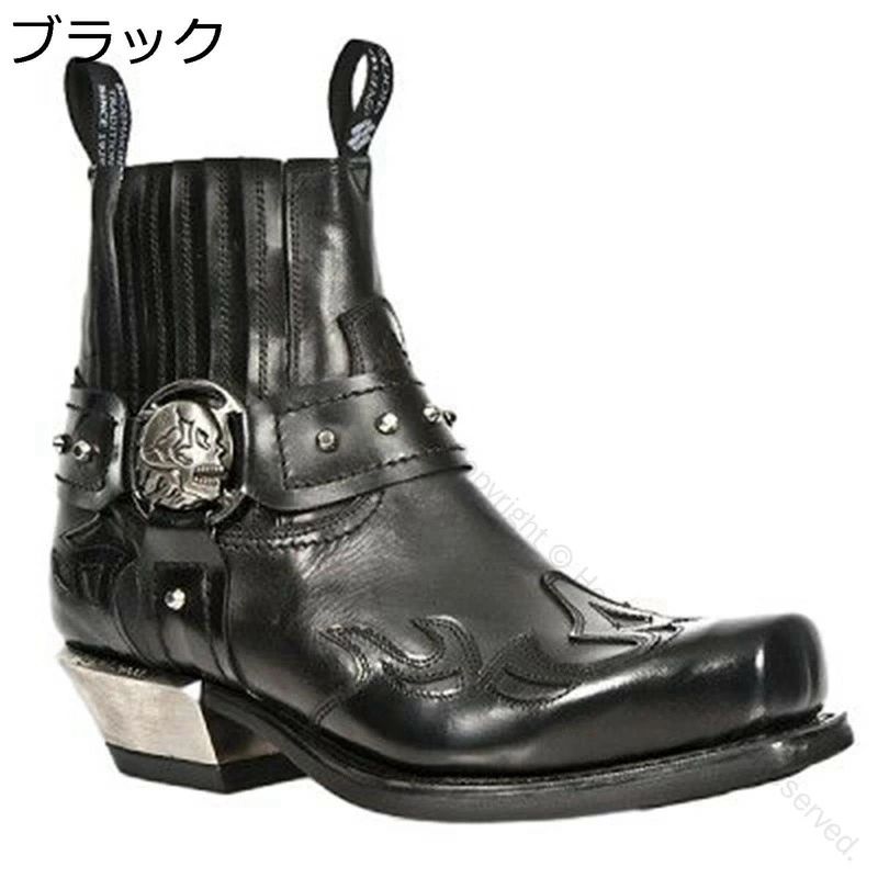 レザー ショートブーツ メンズ 秋冬 ワークブーツ チェルシーブーツ サイズ展開 パンク カジュアル おしゃれ ハイカット バックル スカル 刺繍 メタリック ビッ 耐久性 ウェスタン 防寒