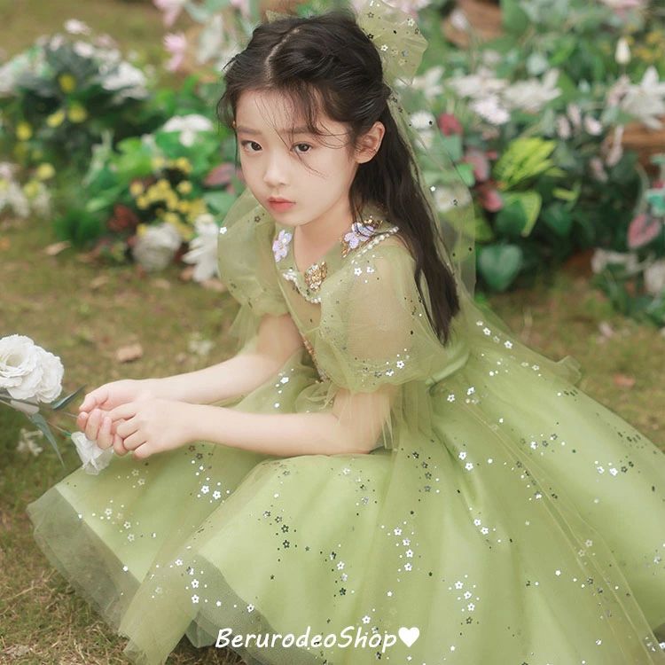 子供ドレス グリーン ショート丈 女児ドレス 襟付き パール 花柄 可愛いドレス 誕生日 プレゼント ギフト 女の子ドレス キッズドレス お姫様 100 110 120 130 160 150 140