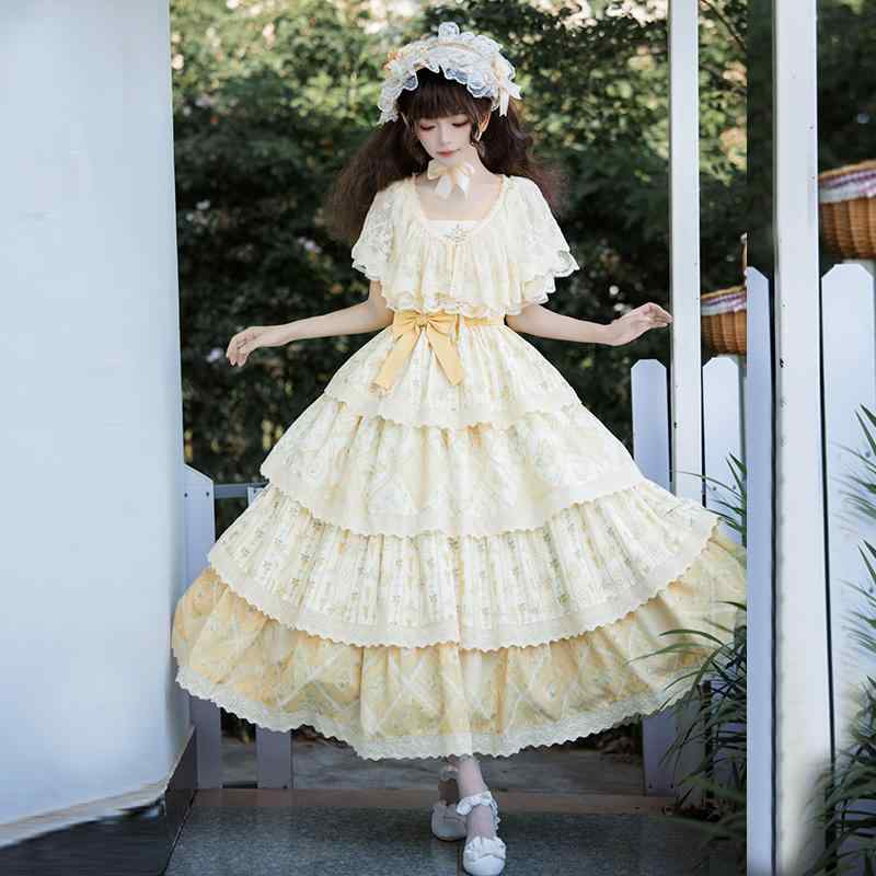ロリータ ドレス ジャンプスカート 段々スカート ボリュームスカート レース シフォン チュール 甘くて 上品 お姫様 プリンセス プリティー コスチューム コンカフェ 黄 リボン
