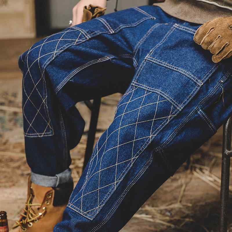 デニム パンツ メンズ アメリカン レトロ ワーク ダブルニー 頑丈 ルーズ ストレート ウォッシュ加工 アメカジ ミドルウエスト 秋冬 カジュアル