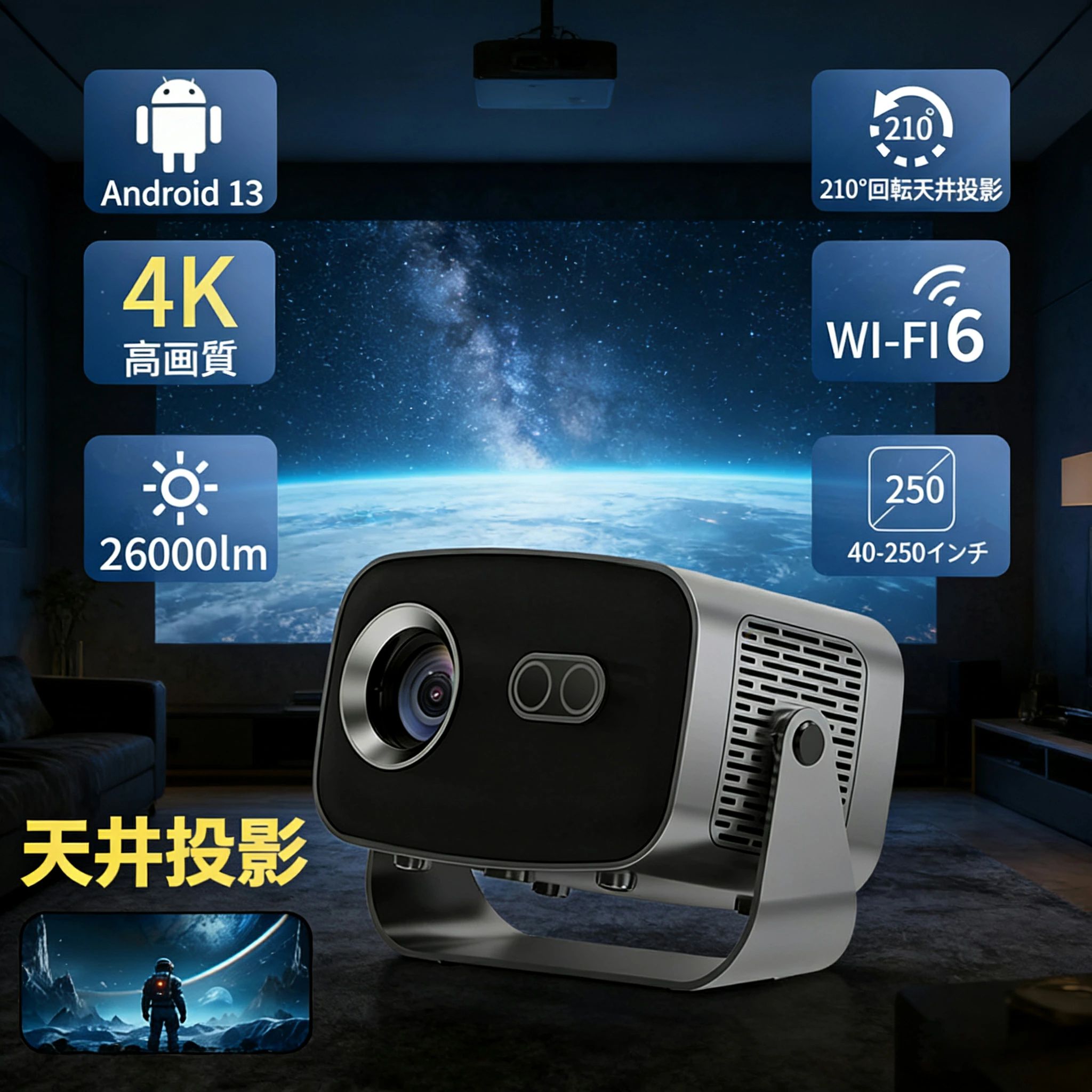 プロジェクター 業務用 電動フォーカス 小型 天井投影 4K対応 超高清 高輝度 Netflix/YouTubeb Android 13 高画質 静音 自動台形補 軽量 5G wi-fi 6 Bluetooth 5.2 ホームシアター 子供 壁 簡単設定 HDMIケーブル・リモコン付属 家庭用 2年保証