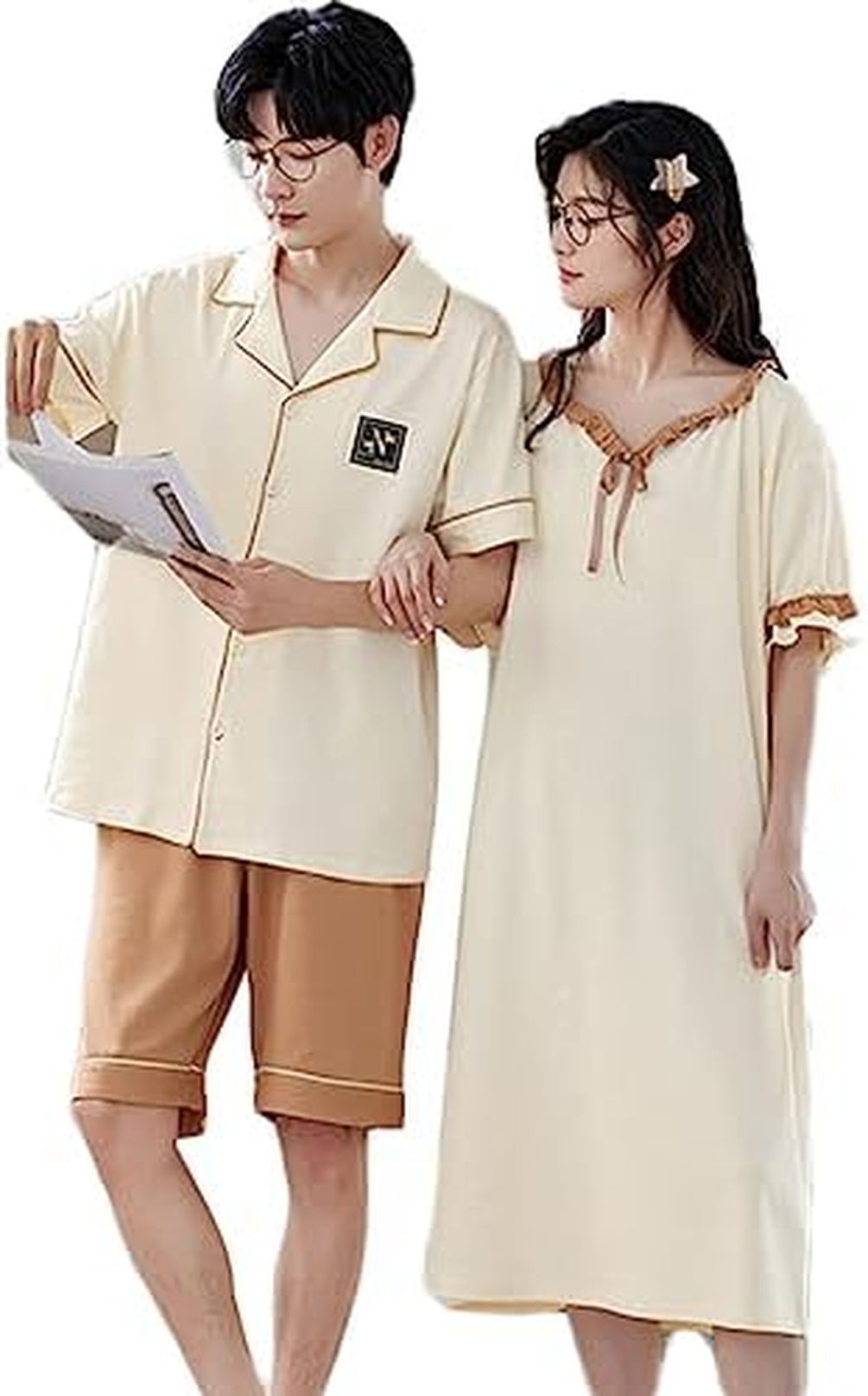 ペアパジャマ カップル ペア ルームウェア 上下 セット ネグリジェ 結婚祝い 部屋着 春 夏 レディース メンズ 半袖 お揃い リボン 前開き カップル 寝間着 プレゼント パジャマ ペア ナイトウ|映せば 店