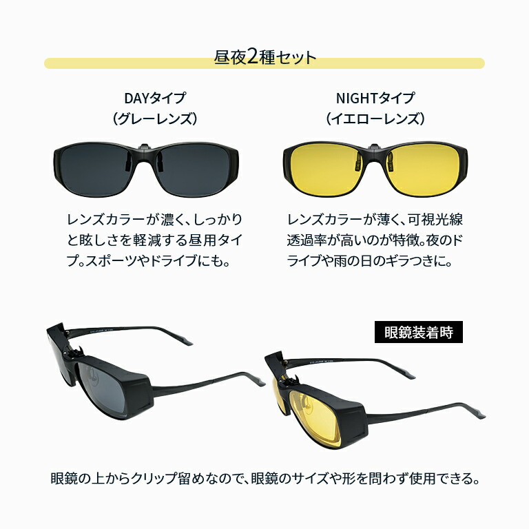 昼夜2種セット かけられる メガネの上から スポーツ クリップ メンズバッグ 小物 ブランド雑貨 クリップオン 折り畳める アウトドア コンパクト オーバーサングラス 偏光 レンズ 眼鏡 持ち運び 昼 夜 グレー イエロー アウトドア ドライブ 釣り ゴルフ スポーツ Uvカット
