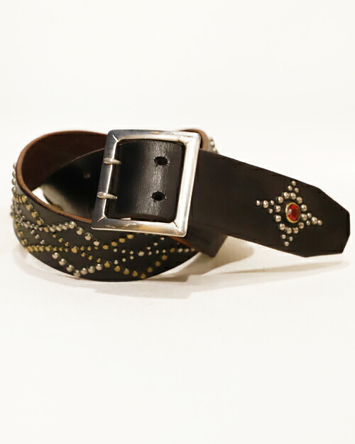 【中古】THE FLAT HEAD ザフラットヘッド STUDS BELT W34 BLACK 使用感有 ISB-16