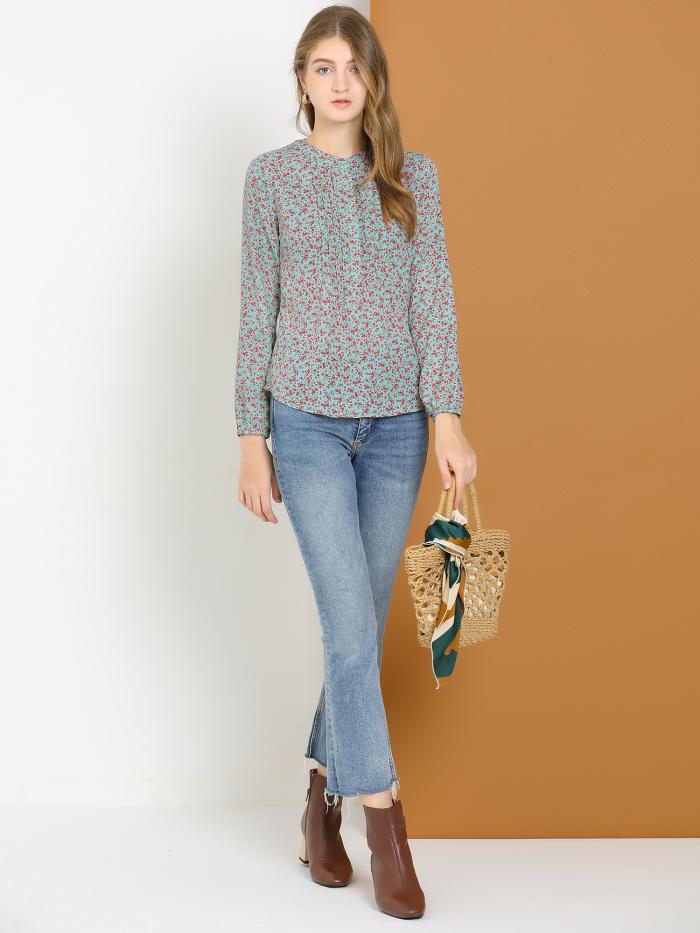 Allegra K 花柄 ブラウス プリーツ シャツ ハーフ前立て 長袖 カジュアル レディース Crunchusers Com