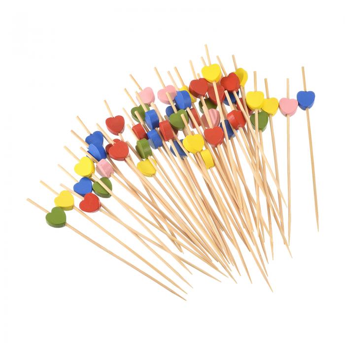 uxcell カクテルつまようじ 120 mm 竹 ハート 長いフルーツスティック装飾 カクテル串ピック ドリンク 前菜 フルーツ用 カクテルピック マルチカラー 100個画像