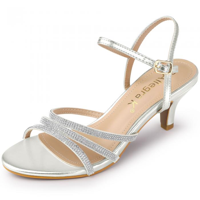 Allegra K 女性用アンクルストラップラインストーンキトンヒールサンダル シルバー 23.5 cm