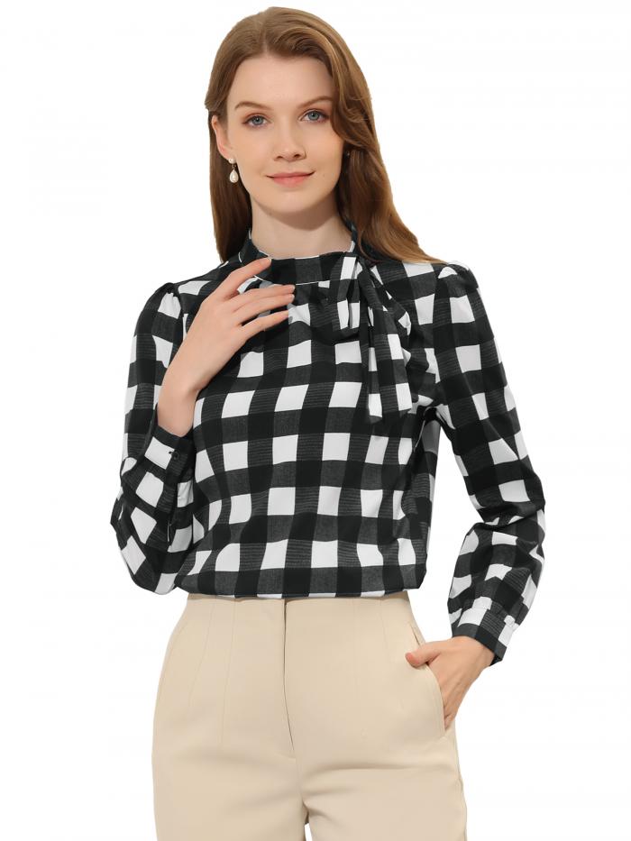 Allegra K チェックシャツ オフィス トップス ブラウス 蝶ネクタイネック レディース ブラック Xl New売り切れる前に
