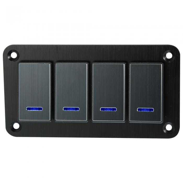 uxcell 4ギャングロッカースイッチパネル 5ピン オンオフ 配線済みトグルスイッチコントロール 防水 アルミニウム合金 ブルーLEDライト プッシュボタン 12V 24V用 ブラック