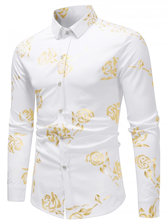 Lars Amadeus ドレスシャツ スリムフィット 長袖 結婚式 パーティー ゴールドローズプリント メンズ ホワイト S 予約販売品