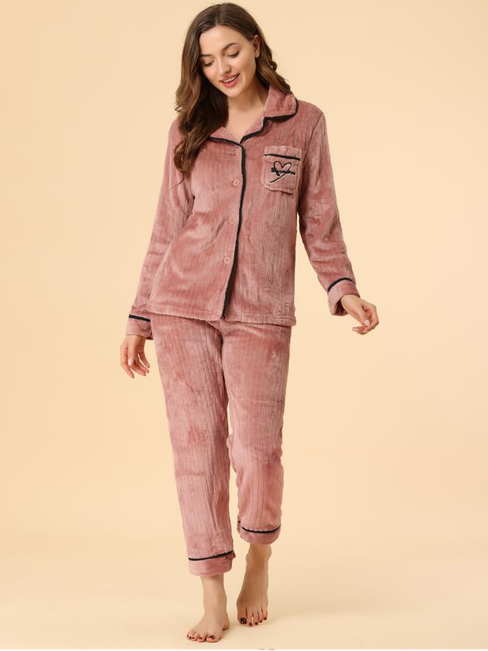 Allegra K レディース 長袖 前開き パジャマ 厚手 上下セット