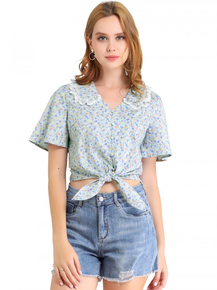 完成品 Allegra K トップス フラッタースリーブ レーストリム パンカラー 花柄 フローラル レディース ブルー Xs