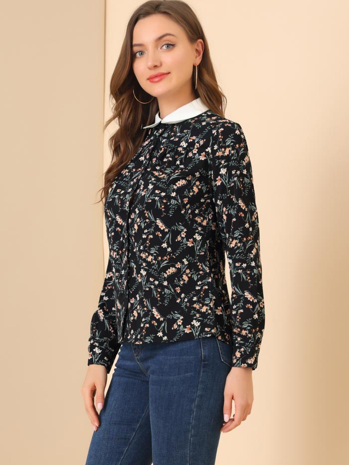 AllegraKボタンアップシャツ花柄ブラウス襟付き折襟オフィス事務服長袖レディースブラックXL