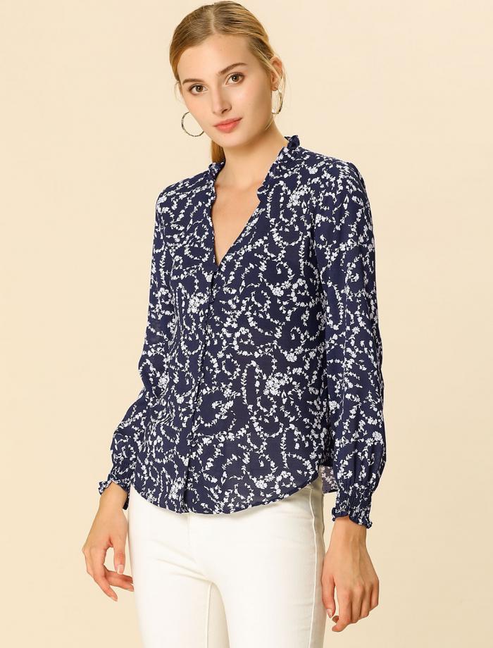 Allegra K 花柄ブラウス トップス フリルvネック 優先配送 ボタンダウンシャツ ブルー Xs 長袖 レディース