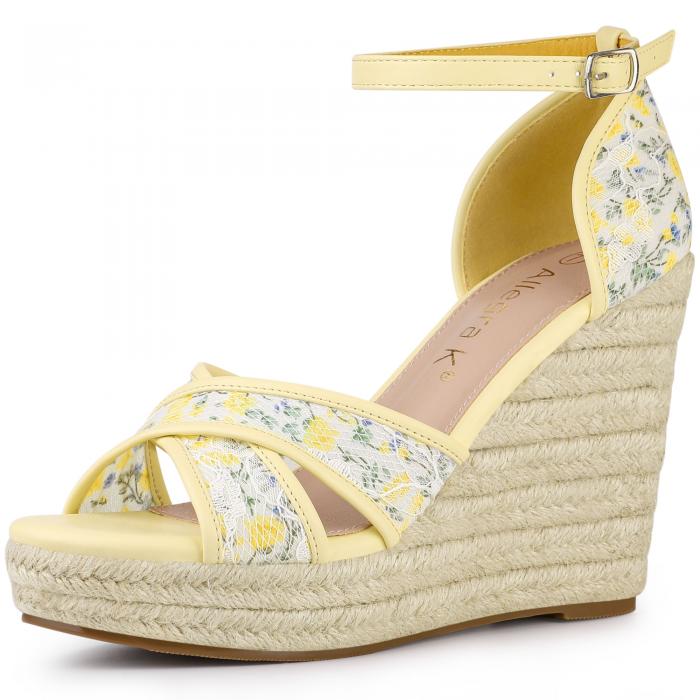 Allegra K ウェッジソール サンダル アンクルストラップ エスパドリーユ ウェッジヒール レディース イエロー花柄 26.0 cm