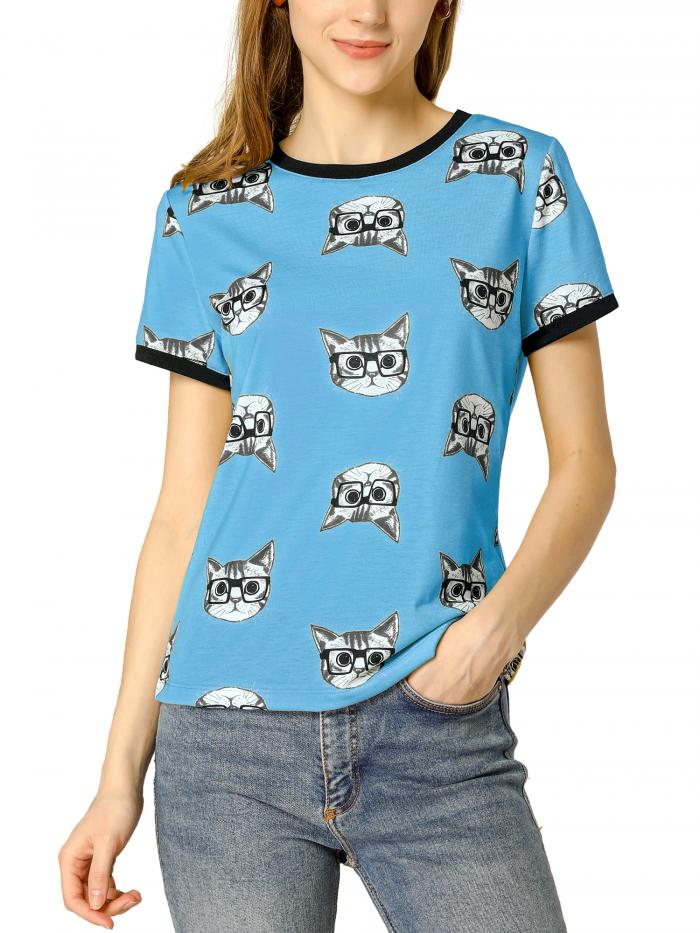 Allegra K トップス Tシャツ 猫 半袖 ティー シャツ 可愛い カジュアル 夏 レディース ライトブルー XS