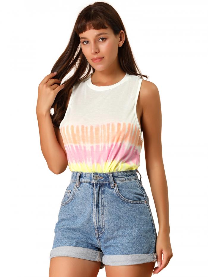 人気激安 Allegra K タイダイ タンクトップ Tシャツ 絞り染め ベスト カジュアル レギュラー ノースリーブ レディース イエロー M