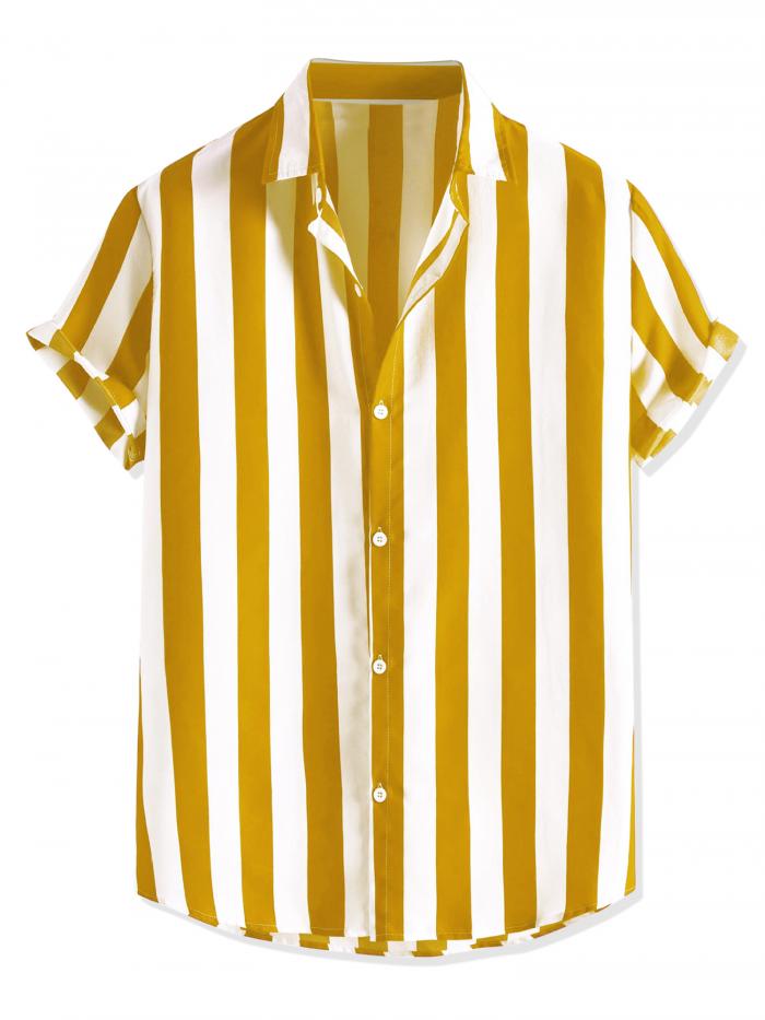 激安特価品 Lars Amadeus ストライプシャツ ビーチシャツ 半袖 カラーブロック ボタンダウン リラックスフィット メンズ イエロー S