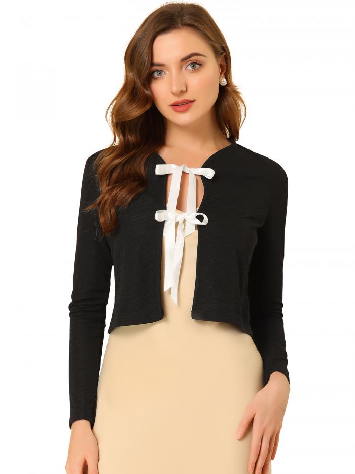 専門店では Allegra K ボレロ レディース 長袖 カーディガン リボン付き トップス カジュアル エレガント ブラック Xs