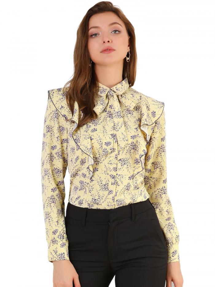 Allegra K 長袖 シャツ フリル ネクタイネック 花柄 レディース イエロー XL