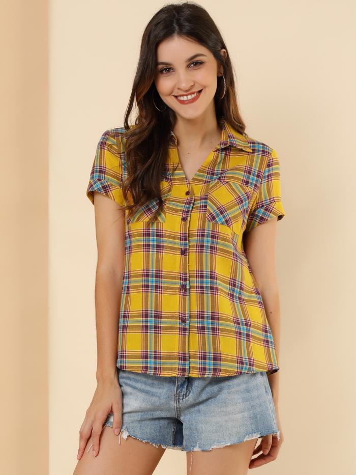 開店記念セール Allegra K 赤チェックシャツ 半袖 フランネル レディース ボタンダウン カジュアル 夏 イエロー Xl Qdtek Vn
