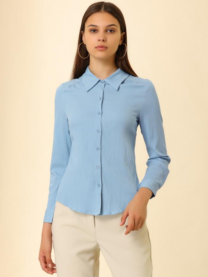 Allegra K 襟付き ボタンダウン Vネック長袖 シャツ