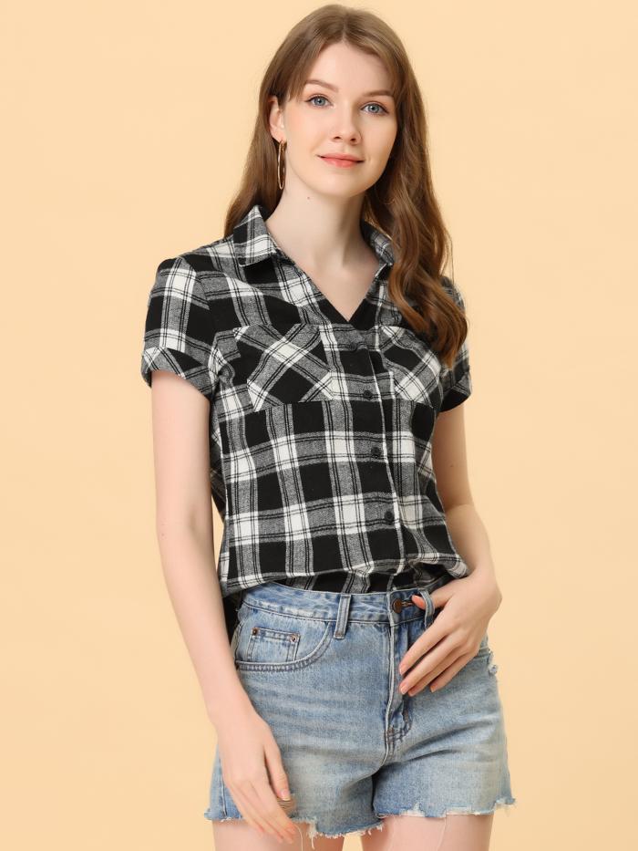 Allegra K S カジュアル フランネル ブラック ボタンダウン レディース 半袖 夏 赤チェックシャツ 高品質新品 赤チェックシャツ