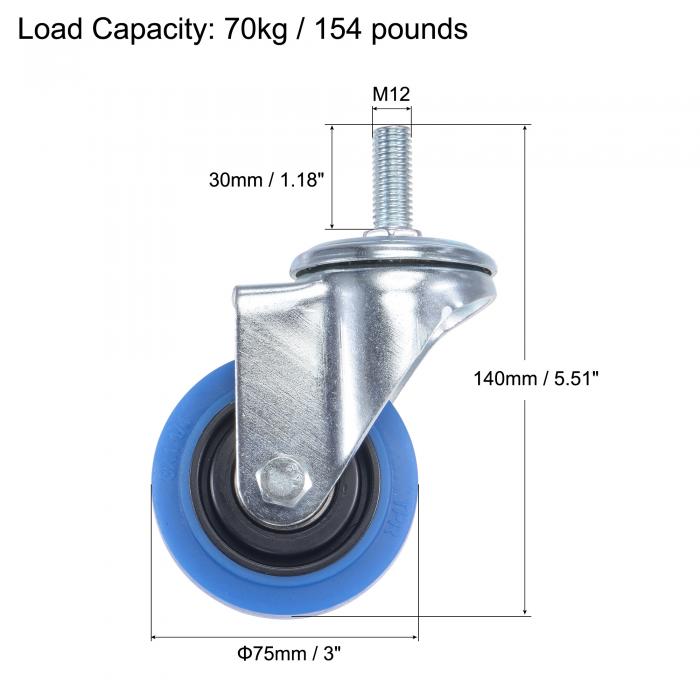 2022新作 uxcell スイベルステムキャスター 耐荷重154Lbs ワークベンチ用 TPR 直径75 mm ブルー 4パック  whitesforracialequity.org