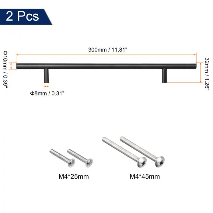 日本未発売 uxcell Tバープルハンドル 長さ300 mm 直径10 ステンレス鋼キャビネットプル 穴中心距離192 ブラック 2個入り  qdtek.vn