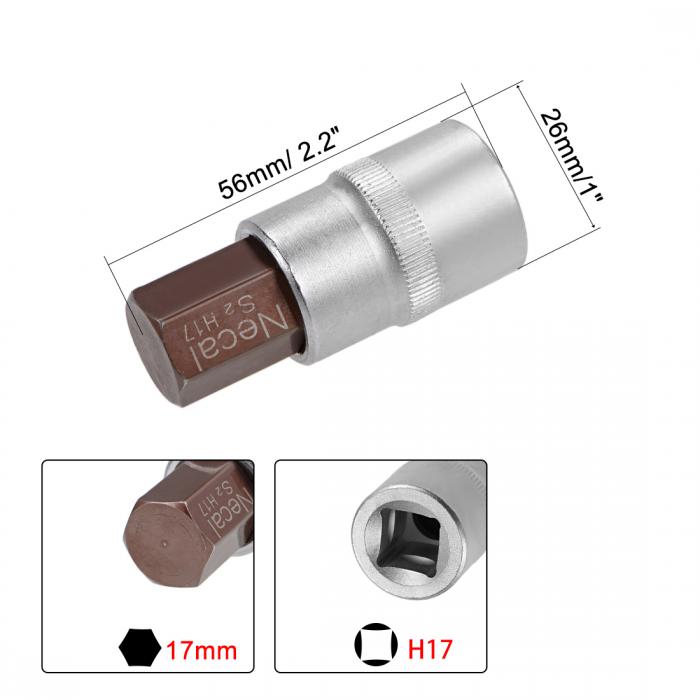 uxcell六角ビットソケットS2スチールビットCR-Vソケット手作業のみ12.5mmドライブxH17(17mm)56mm長さ