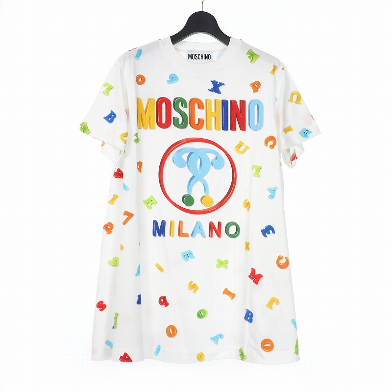 【中古】モスキーノ MOSCHINO 20SS ダブルクエスチョン プリント ワンピース Tシャツ カットソー 総柄 38 ホワイト 白 A0445 レディース 【ベクトル 古着】 240304|VECTOR×Refine